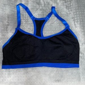 Black and blue sports bra with keyhole back